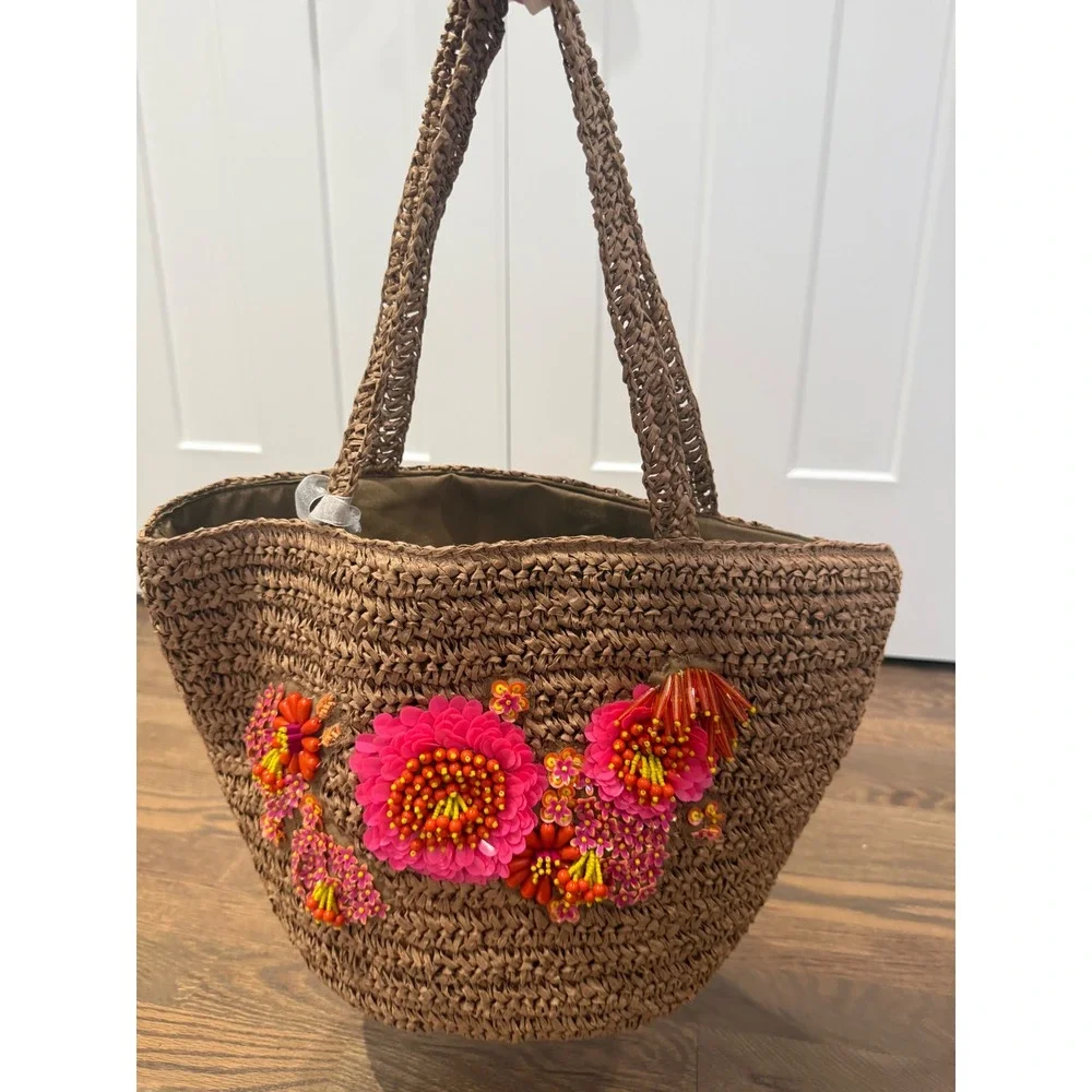 New Anthropologie Handcrafted Woven Straw Floral Beaded Sequin Tote Bag Tan Pink